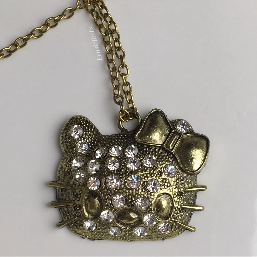✨3/$38 NWT Hello Kitty Bronze & Rhinestone Pendant Necklace ~ Bronze Cat Charm - Picture 1 of 11